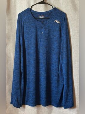 FILA•long sleeve button henley•XL•polyester•wicking•blue/black heather/marled